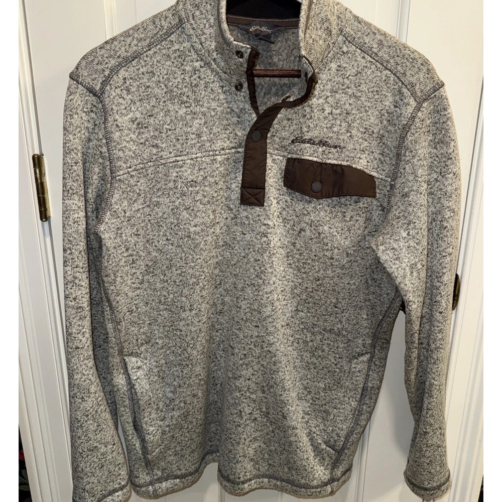 Eddie‎ Bauer Grey Brown Convector Snap Pullover Men's Long Sleeve Fleece Medium